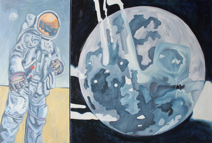 Oil painting of the moon and an astronaut.